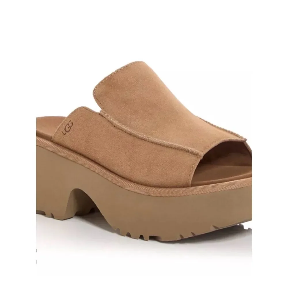 UGG Suede Platform Slide Sandals Camel Tan Square Toe Wedge Slides Sz 9
